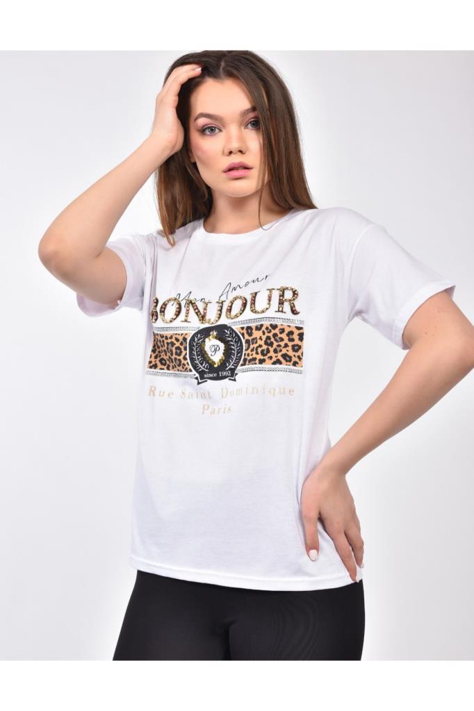 GYM000060 Baskılı Taşlı Boyfriend Kalıp T-Shirt-Beyaz