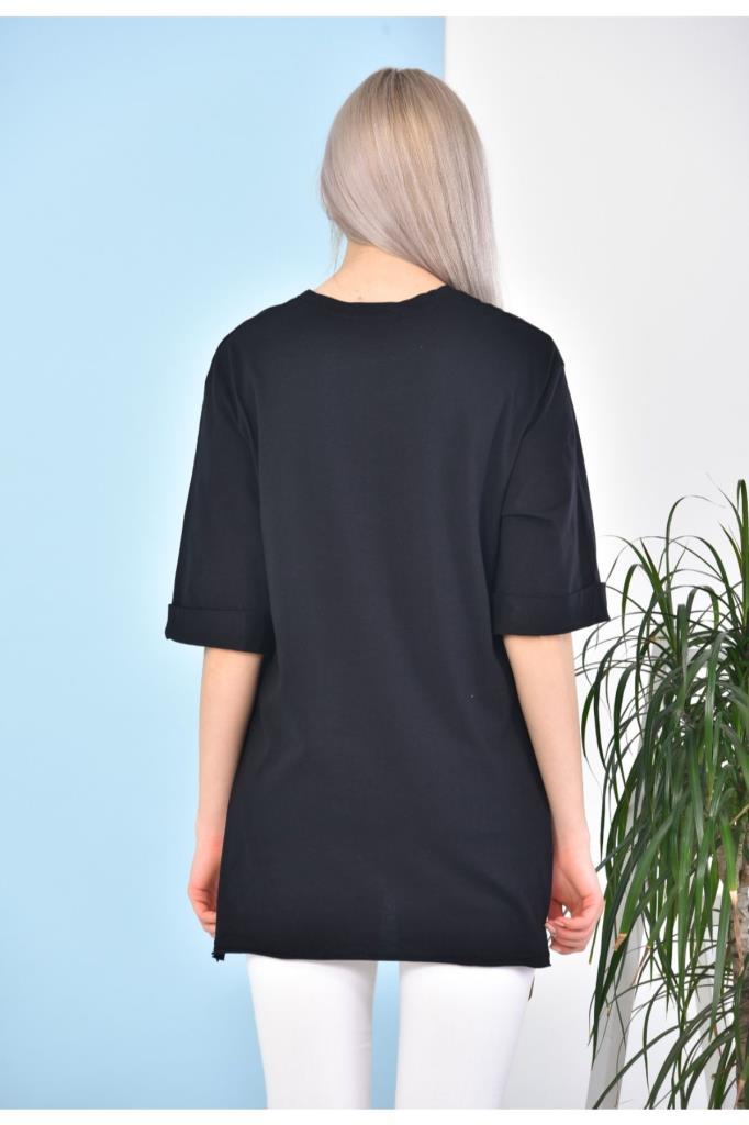 ST000628 %100 Pamuk Bisiklet Yaka Boyfriend Örme T-Shirt-Si̇yah