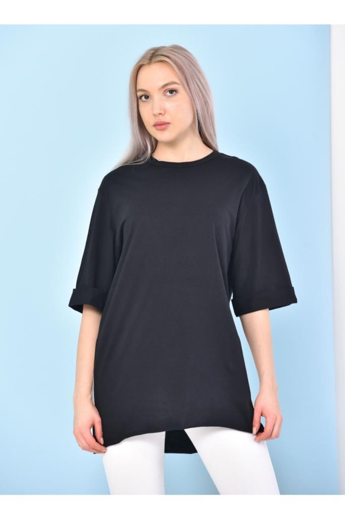 ST000628 %100 Pamuk Bisiklet Yaka Boyfriend Örme T-Shirt-Si̇yah