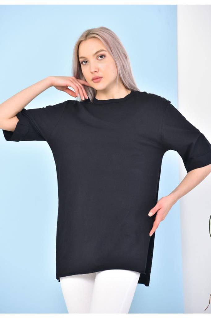 ST000628 %100 Pamuk Bisiklet Yaka Boyfriend Örme T-Shirt-Si̇yah